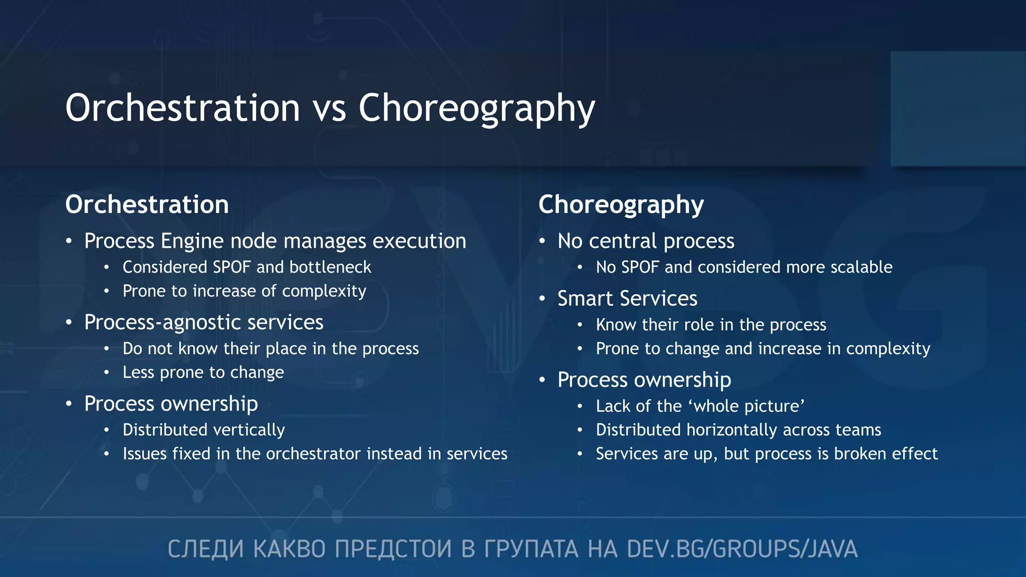 Orchestration vs Choreography Orchestration • Process Engine node manages execution • Considered SPOF and bottleneck • Prone to increase of complexity • Process-agnostic services • Do not know their place in the process • Less prone to change • Process ownership • Distributed vertically • Issues fixed in the orchestrator instead in services Choreography • No central process • No SPOF and considered more scalable • Smart Services • Know their role in the process • Prone to change and increase in complexity • Process ownership • Lack of the ‘whole picture’ • Distributed horizontally across teams • Services are up, but process is broken effect 