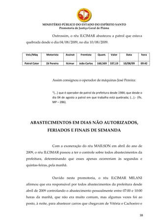 MINISTÉRIO PÚBLICO DO ESTADO DO ESPÍRITO SANTO
                        Promotoria de Justiça Geral de Piúma

                     Outrossim, o réu ILCIMAR abasteceu a patrol que estava
 quebrada desde o dia 04/08/2009, no dia 10/08/2009.


 Veíc/Máq        Motorista     Assinat     Frentista    Quant.    Valor       Data        hora

Patrol Cater     Zé Pereira    Ilcimar   João Carlos   160,569   337,19     10/08/09     09:42




                     Assim consignou o operador de máquinas José Pereira:


                     “(...) que é operador de patrol da prefeitura desde 1984; que desde o
                     dia 04 de agosto a patrol em que trabalha está quebrada; (...).- (fls.
                     MP – 286).




    ABASTECIMENTOS EM DIAS NÃO AUTORIZADOS,
                 FERIADOS E FINAIS DE SEMANDA


                     Com a exoneração do réu MAILSON em abril do ano de
 2009, o réu ILCIMAR passou a ter o controle sobre todos abastecimentos da
 prefeitura, determinando que esses apenas ocorreriam às segundas e
 quintas-feiras, pela manhã.


                     Ouvido nesta promotoria, o réu ILCIMAR MILANI
 afirmou que era responsável por todos abastecimentos da prefeitura desde
 abril de 2009 controlando o abastecimento pessoalmente entre 07:00 e 10:00
 horas da manhã, que não era muito comum, mas algumas vezes foi ao
 posto, à noite, para abastecer carros que chegavam de Vitória e Cachoeiro e


                                                                                         38
 