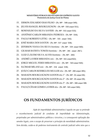 MINISTÉRIO PÚBLICO DO ESTADO DO ESPÍRITO SANTO
                    Promotoria de Justiça Geral de Piúma

15. ERMON EDUARDO DIAS FILHO - (fls. MP - 548 usque 549);
16. JELVES RANGEL BOURGUIGNON - (fls. MP - 550 usque 551);
17. ROSENILDO DA SILVA XAVIER - (fls. MP - 552 usque 553);
18. ANTÔNIO CARLOS MIRANDA PEDROZA - (fls. MP - 554);
19. PAULO ROBERTO LITTIG - (fls. MP - 555 usque 556);
20. JOSÉ MARIA DOS SANTOS - (fls. MP - 557 usque 558);
21. JEFERSON VIANA DA SILVA frentista - (fls. MP - 559 usque 560);
22. GILMAR BATISTA TOMÁS frentista - (fls. MP - 281 usque 282 );
23. LUIZ CLÁUDIO SILVA ALVES frentista - (fls. MP - 283)
24. ANDRÉ LAYBER MIRANDA reú - (fls. MP - 561 usque562);
25. JORGE MIGUEL FERES MIRANDA reú - (fls. MP - 563 usque 564);
26. ILCIMAR MILANI reú - (fls. MP - 216 usque 218);
27. JOÃO CARLOS RODRIGUES MULLER réu - (fls. MP - 284 usque 285);
28. MAILSON BOURGUIGNON SANTOS réu 1º - (fls. MP - 01 usque 04);
29. MAILSON BOURGUIGNON SANTOS réu 2º - (fls. MP - 05 usque 09);
30. MAILSON BOURGUIGNON SANTOS réu 3º - (fls. MP – 306 usque 308.
31. PAULO CÉSAR GOMES LAYBER réu - (fls. MP - 565 usque 566);




        OS FUNDAMENTOS JURÍDICOS

                  Ação de improbidade administrativa é aquela em que se pretende
o reconhecimento judicial de condutas de improbidade na Administração,
perpetradas por administradores públicos e terceiros, e a consequente aplicação das
sansões legais, com o escopo de preservar o princípio da moralidade administrativa.
Sem dúvida, cuida-se de poderoso instrumento de controle judicial sobre atos que a



                                                                                 52
 