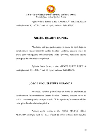 MINISTÉRIO PÚBLICO DO ESTADO DO ESPÍRITO SANTO
                    Promotoria de Justiça Geral de Piúma

                   Agindo desta forma, o réu ANDRÉ LAYBER MIRANDA
infringiu o art. 9º, I e XII c/c art. 11, caput, todos da Lei 8.429/92.




                     NILSON DUARTE RAINHA


                   Abasteceu veículos particulares em nome da prefeitura, se
beneficiando financeiramente destas fraudes. Destarte, causou lesão ao
erário com consequente enriquecimento ilícito – próprio, bem como violou
princípios da administração pública.


                   Agindo desta forma, o réu NILSON DURTE RAINHA
infringiu o art. 9º, I e XII c/c art. 11, caput, todos da Lei 8.429/92.




                JORGE MIGUEL FERES MIRANDA


                   Abasteceu veículos particulares em nome da prefeitura, se
beneficiando financeiramente destas fraudes. Destarte, causou lesão ao
erário com consequente enriquecimento ilícito – próprio, bem como violou
princípios da administração pública.


                   Agindo desta forma, o réu JORGE MIGUEL FERES
MIRANDA infringiu o art. 9º, I e XII c/c art. 11, caput, todos da Lei 8.429/92.




                                                                             60
 