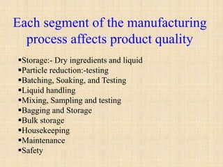 Each segment of the manufacturing
process affects product quality
Storage:- Dry ingredients and liquid
Particle reduction:-testing
Batching, Soaking, and Testing
Liquid handling
Mixing, Sampling and testing
Bagging and Storage
Bulk storage
Housekeeping
Maintenance
Safety
 