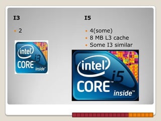 I3      I5

   2      4(some)
           8 MB L3 cache
           Some I3 similar
 