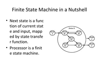 Finite State Machine in a Nutshell
• Next state is a func
tion of current stat
e and input, mapp
ed by state transfe
r function.
• Processor is a finit
e state machine.
 