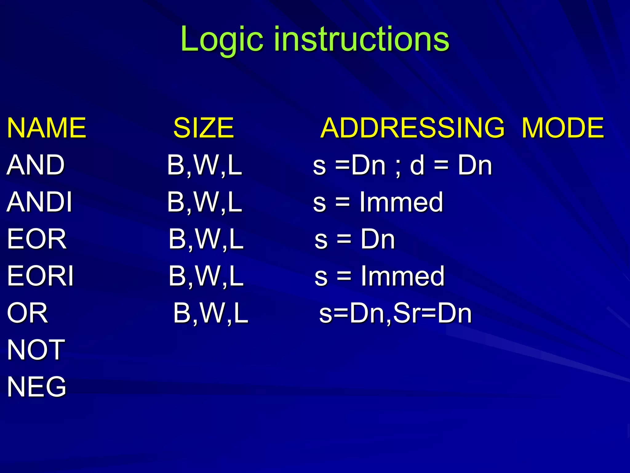Logic instructions
NAME SIZE ADDRESSING MODE
AND B,W,L s =Dn ; d = Dn
ANDI B,W,L s = Immed
EOR B,W,L s = Dn
EORI B,W,L s = Immed
OR B,W,L s=Dn,Sr=Dn
NOT
NEG
 
