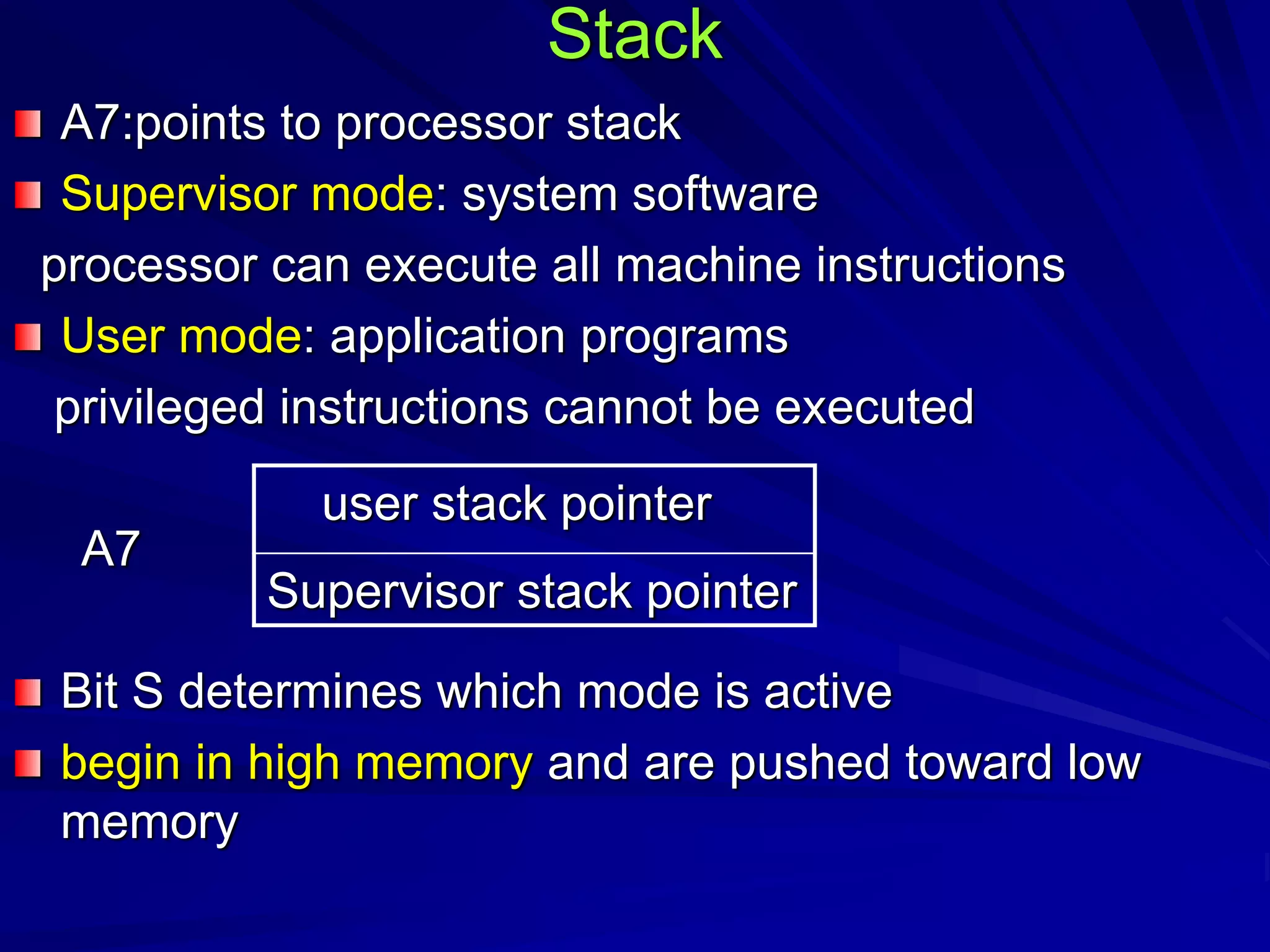 Stack
A7:points to processor stack
Supervisor mode: system software
processor can execute all machine instructions
User mode: application programs
privileged instructions cannot be executed
A7
Bit S determines which mode is active
begin in high memory and are pushed toward low
memory
user stack pointer
Supervisor stack pointer
 