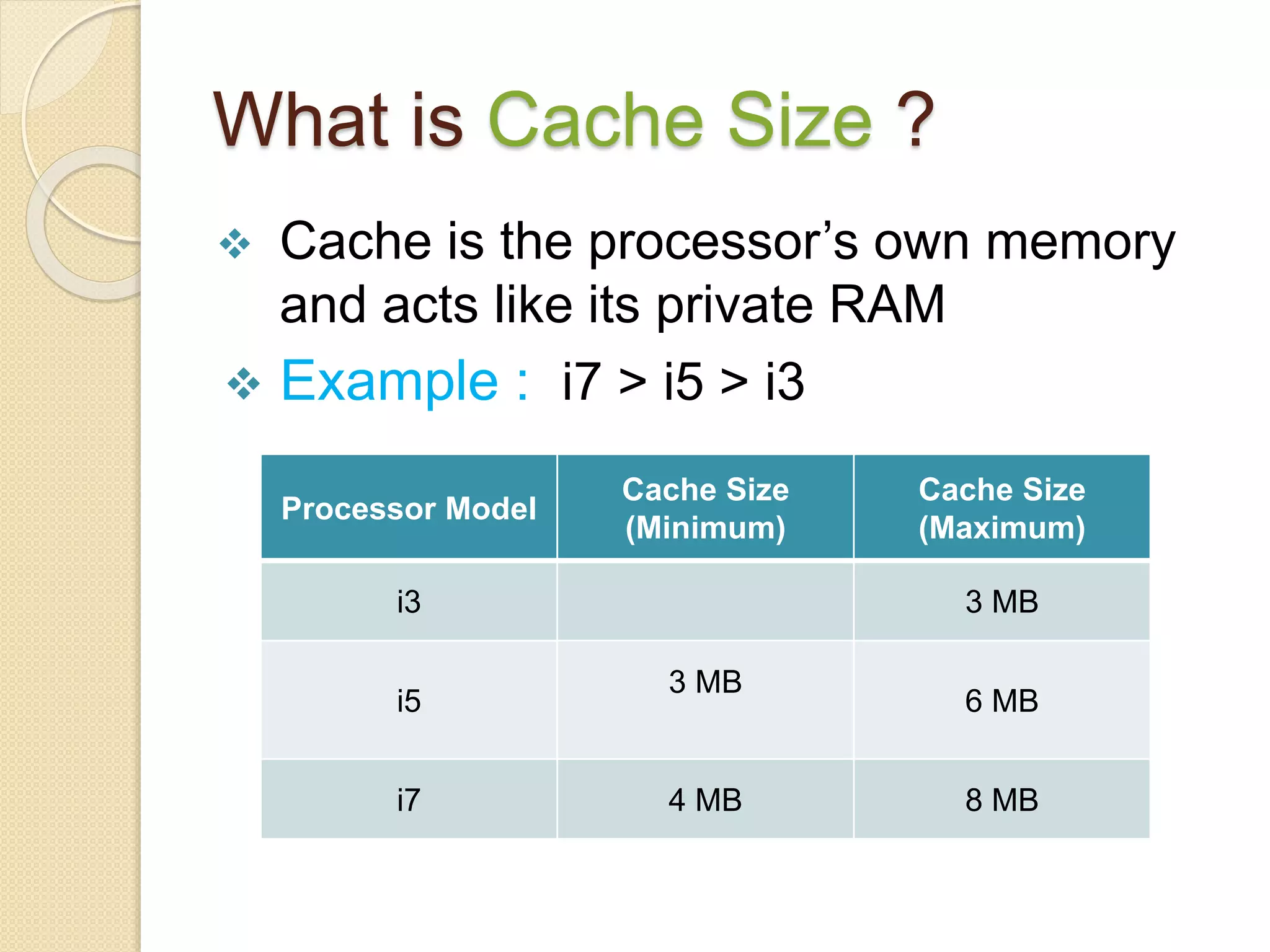 What is Cache Size ?
 Cache is the processor’s own memory
and acts like its private RAM
 Example : i7 > i5 > i3
Processor Model
Cache Size
(Minimum)
Cache Size
(Maximum)
i3 3 MB
i5
3 MB
6 MB
i7 4 MB 8 MB
 
