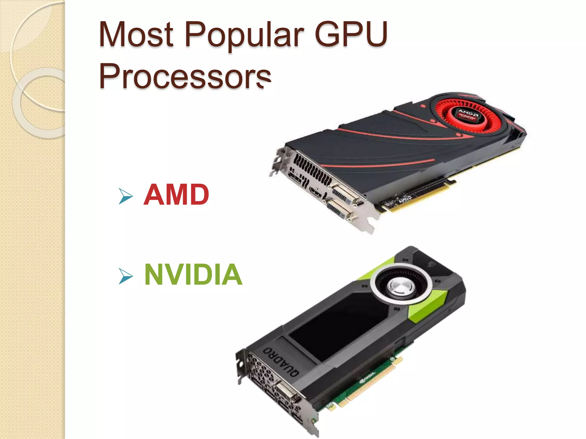 Most Popular GPU
Processors
 AMD
 NVIDIA
 