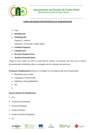 Agrupamento de Escolas de Castro Daire
                                      (Escola Secundária de Castro Daire)



                    COMO ORGANIZAR UM PORTEFÓLIO DE APRENDIZAGEM



     Capa
     Identificação
     Autobiografia
         Capítulo I – Infância
         Capítulo II – Juventude / Idade Adulta
     A minha Freguesia
     A minha Casa
     Os meus Tempos Livres
        Projecto Pessoal Futuro
Sugere-se que redija um texto no qual deverá constar os projectos que tem para o futuro,
nomeadamente reflectindo sobre as vantagens de ter realizado este processo.


Formação Complementar (inserir no trabalho só as formações que tiver frequentado)
     Matemática para a Vida
     Linguagem e Comunicação
     Cidadania e Empregabilidade
     TIC
    

Anexos (Dados de Identificação

   B. I.

   Cartão de Contribuinte

   Carta de Condução

   Cartão de Eleitor

   Cartão de Utente Fotografias

   CV



                                                                                    11
 