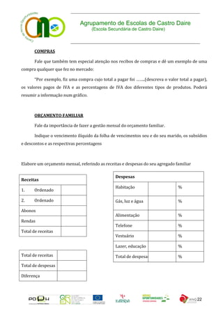 Agrupamento de Escolas de Castro Daire
                                    (Escola Secundária de Castro Daire)



       COMPRAS

       Fale que também tem especial atenção nos recibos de compras e dê um exemplo de uma
compra qualquer que fez no mercado:

       “Por exemplo, fiz uma compra cujo total a pagar foi ……..(descreva o valor total a pagar),
os valores pagos de IVA e as percentagens de IVA dos diferentes tipos de produtos. Poderá
resumir a informação num gráfico.



       ORÇAMENTO FAMILIAR

       Fale da importância de fazer a gestão mensal do orçamento familiar.

       Indique o vencimento ilíquido da folha de vencimentos seu e do seu marido, os subsídios
e descontos e as respectivas percentagens



Elabore um orçamento mensal, referindo as receitas e despesas do seu agregado familiar

                                                Despesas
Receitas
                                                Habitação                        %
1.     Ordenado

2.     Ordenado                                 Gás, luz e água                  %

Abonos
                                                Alimentação                      %
Rendas
                                                Telefone                         %
Total de receitas
                                                Vestuário                        %

                                                Lazer, educação                  %

Total de receitas                               Total de despesas                %

Total de despesas

Diferença




                                                                                          22
 