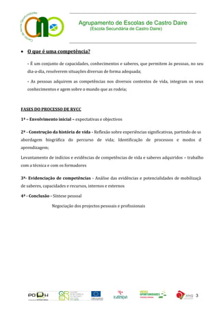 Agrupamento de Escolas de Castro Daire
                                    (Escola Secundária de Castro Daire)




 O que é uma competência?

   - É um conjunto de capacidades, conhecimentos e saberes, que permitem às pessoas, no seu
   dia-a-dia, resolverem situações diversas de forma adequada;

   - As pessoas adquirem as competências nos diversos contextos de vida, integram os seus
   conhecimentos e agem sobre o mundo que as rodeia;



FASES DO PROCESSO DE RVCC

1ª – Envolvimento inicial – expectativas e objectivos

2ª - Construção da história de vida - Reflexão sobre experiências significativas, partindo de um
abordagem biográfica do percurso de vida; Identificação de processos e modos de
aprendizagem;

Levantamento de indícios e evidências de competências de vida e saberes adquiridos – trabalho
com a técnica e com os formadores

3ª- Evidenciação de competências - Análise das evidências e potencialidades de mobilização
de saberes, capacidades e recursos, internos e externos

4ª - Conclusão - Síntese pessoal

                Negociação dos projectos pessoais e profissionais




                                                                                            3
 