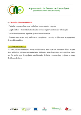 Agrupamento de Escolas de Castro Daire
                                     (Escola Secundária de Castro Daire)




4 - Cidadania e Empregabilidade:

- Trabalhar em grupo: liderança, estabelecer compromissos, respeitar

- Adaptabilidade e flexibilidade: às situações novas e imprevistas, fornecer informações

- Procurar conhecimento, organizar, planificar as actividades,

- Conduzir negociações, gerir conflitos, ter consciência e respeitar as diferenças, ter consciência
do papel de cidadão….


COMO POSSO DEMONSTRAR
Ex. Participo em associações, grupos, colaboro com autarquias, fui emigrante, lidero grupos,
tomo iniciativas, interesso-me por debates, telejornais, aprendizagem no serviço militar, cursos
que fiz, tenho carta de condução, uso lâmpadas de baixo consumo, faço revisões no carro.
Reciclagem de lixo…




                                                                                              7
 
