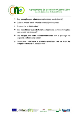 Agrupamento de Escolas de Castro Daire
                       (Escola Secundária de Castro Daire)



Que aprendizagens adquirir para além deste acontecimento?

Quais os pontos fortes e fracos dessas aprendizagens?

O que podia ter feito melhor?

 Que importância teve este facto/acontecimento na minha formação a
nível pessoal e profissional?

 Que relação teve este acontecimento/facto com o que hoje sou
enquanto profissional/pessoa?

 Como posso relacionar o acontecimento/facto com as áreas de
competência-chave do processo RVC?
 