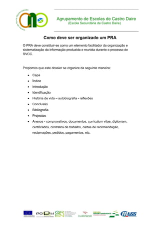 Agrupamento de Escolas de Castro Daire
                                 (Escola Secundária de Castro Daire)



                Como deve ser organizado um PRA
O PRA deve constituir-se como um elemento facilitador da organização e
sistematização da informação produzida e reunida durante o processo de
RVCC.



Propomos que este dossier se organize da seguinte maneira:

      Capa
      Índice
      Introdução
      Identificação
      História de vida – autobiografia - reflexões
      Conclusão
      Bibliografia
      Projectos
      Anexos - comprovativos, documentos, curriculum vitae, diplomam,
       certificados, contratos de trabalho, cartas de recomendação,
       reclamações, pedidos, pagamentos, etc.
 