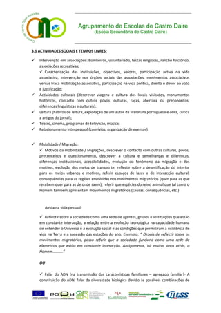 Agrupamento de Escolas de Castro Daire
                                     (Escola Secundária de Castro Daire)



3.5 ACTIVIDADES SOCIAIS E TEMPOS LIVRES:

   Intervenção em associações: Bombeiros, voluntariado, festas religiosas, rancho folclórico,
    associações recreativas;
     Caracterização das instituições, objectivos, valores, participação activa na vida
    associativa, intervenção nos órgãos sociais das associações, movimentos associativos
    versus fraca mobilização associativa, participação na vida política, direito e dever ao voto
    e justificação;
   Actividades culturais (descrever viagens e cultura dos locais visitados, monumentos
    históricos, contacto com outros povos, culturas, raças, abertura ou preconceitos,
    diferenças linguísticas e culturais);
   Leitura (hábitos de leitura, exploração de um autor da literatura portuguesa e obra, critica
    a artigos do jornal);
   Teatro, cinema, programas de televisão, música;
   Relacionamento interpessoal (convívios, organização de eventos);


   Mobilidade / Migração:
     Motivos da mobilidade / Migrações, descrever o contacto com outras culturas, povos,
    preconceitos e questionamento, descrever a cultura e semelhanças e diferenças,
    diferenças institucionais, acessibilidades, evolução do fenómeno da migração e dos
    motivos, evolução dos meios de transporte, reflectir sobre a desertificação do interior
    para os meios urbanos e motivos, referir espaços de lazer e de interacção cultural,
    consequências para as regiões envolvidas nos movimentos migratórios (quer para as que
    recebem quer para as de onde saem), referir que espécies do reino animal que tal como o
    Homem também apresentam movimentos migratórios (causas, consequências, etc.)



       Ainda na vida pessoal:

     Reflectir sobre a sociedade como uma rede de agentes, grupos e instituições que estão
    em constante interacção, a relação entre a evolução tecnológica na capacidade humana
    de entender o Universo e a evolução social e as condições que permitiram a existência de
    vida na Terra e a sucessão das estações do ano. Exemplo: “ Depois de reflectir sobre os
    movimentos migratórios, posso referir que a sociedade funciona como uma rede de
    elementos que estão em constante interacção. Antigamente, há muitos anos atrás, o
    Homem………..”

    OU

     Falar do ADN (na transmissão das características familiares – agregado familiar)- A
    constituição do ADN, falar da diversidade biológica devido às possíveis combinações de
 