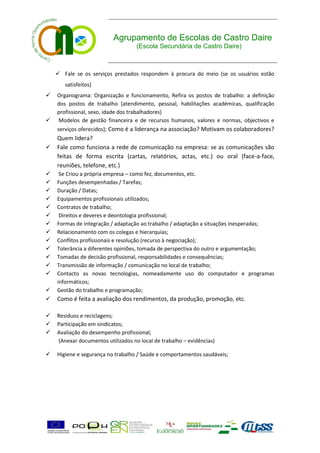 Agrupamento de Escolas de Castro Daire
                                    (Escola Secundária de Castro Daire)



     Fale se os serviços prestados respondem à procura do meio (se os usuários estão
       satisfeitos)
   Organograma: Organização e funcionamento, Refira os postos de trabalho: a definição
    dos postos de trabalho (atendimento, pessoal, habilitações académicas, qualificação
    profissional, sexo, idade dos trabalhadores)
   Modelos de gestão financeira e de recursos humanos, valores e normas, objectivos e
    serviços oferecidos); Como é a liderança na associação? Motivam os colaboradores?
    Quem lidera?
   Fale como funciona a rede de comunicação na empresa: se as comunicações são
    feitas de forma escrita (cartas, relatórios, actas, etc.) ou oral (face-a-face,
    reuniões, telefone, etc.)
    Se Criou a própria empresa – como fez, documentos, etc.
   Funções desempenhadas / Tarefas;
   Duração / Datas;
   Equipamentos profissionais utilizados;
   Contratos de trabalho;
    Direitos e deveres e deontologia profissional;
   Formas de integração / adaptação ao trabalho / adaptação a situações inesperadas;
   Relacionamento com os colegas e hierarquias;
   Conflitos profissionais e resolução (recurso à negociação);
   Tolerância a diferentes opiniões, tomada de perspectiva do outro e argumentação;
   Tomadas de decisão profissional, responsabilidades e consequências;
   Transmissão de informação / comunicação no local de trabalho;
   Contacto as novas tecnologias, nomeadamente uso do computador e programas
    informáticos;
   Gestão do trabalho e programação;
   Como é feita a avaliação dos rendimentos, da produção, promoção, etc.

   Resíduos e reciclagens;
   Participação em sindicatos;
   Avaliação do desempenho profissional;
    (Anexar documentos utilizados no local de trabalho – evidências)

   Higiene e segurança no trabalho / Saúde e comportamentos saudáveis;
 