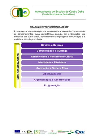 Agrupamento de Escolas de Castro Daire
                             (Escola Secundária de Castro Daire)




                CIDADANIA E PROFISSIONALIDADE (CP)

É uma área de maior abrangência e transversalidade, do domínio da expressão
de comportamentos, cujas competências poderão ser evidenciadas nos
exercícios das outras áreas, nomeadamente a linguagem e comunicação e a
sociedade, tecnologia e ciência.
 
