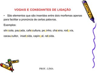 PROF.: LIMA
VOGAIS E CONSOANTES DE LIGAÇÃO
  
• São elementos que são inseridos entre dois morfemas apenas
para facilitar a pronúncia de certas palavras.
Exemplos:
silvícola, paulada, cafeicultura, pezinho, chaleira, rodovia,
cacauicultor, inseticida, capinzal, raticida.
 