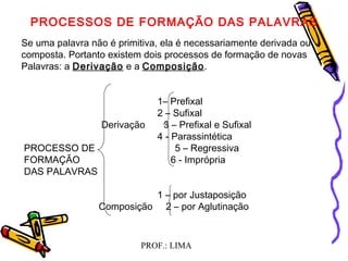 PROF.: LIMA
PROCESSOS DE FORMAÇÃO DAS PALAVRAS
Se uma palavra não é primitiva, ela é necessariamente derivada ou
composta. Portanto existem dois processos de formação de novas
Palavras: a Derivação e a Composição.
1– Prefixal
2 – Sufixal
Derivação 3 – Prefixal e Sufixal
4 - Parassintética
PROCESSO DE 5 – Regressiva
FORMAÇÃO 6 - Imprópria
DAS PALAVRAS
1 – por Justaposição
Composição 2 – por Aglutinação
 