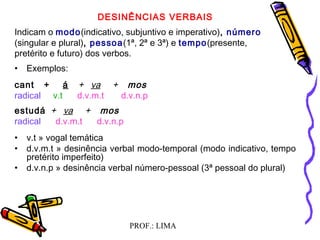 PROF.: LIMA
DESINÊNCIAS VERBAIS
Indicam o modo(indicativo, subjuntivo e imperativo), número
(singular e plural), pessoa(1ª, 2ª e 3ª) e tempo(presente,
pretérito e futuro) dos verbos.
• Exemplos:
cant + á + va + mos
radical  v.t d.v.m.t d.v.n.p
estudá + va + mos
radical d.v.m.t d.v.n.p
• v.t » vogal temática
• d.v.m.t » desinência verbal modo-temporal (modo indicativo, tempo
pretérito imperfeito)
• d.v.n.p » desinência verbal número-pessoal (3ª pessoal do plural)
  
 