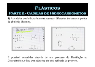 1) As cadeias dos hidrocarbonetos possuem diferentes tamanhos e pontos
de ebulição distintos.




É possível separá-las através de um processo de Destilação ou
Cracreamento, é isso que acontece em uma refinaria de petróleo.
 
