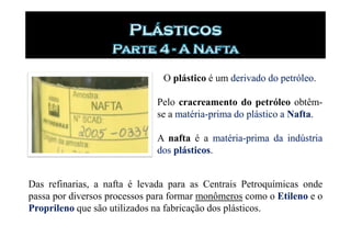 O plástico é um derivado do petróleo
                                                           petróleo.

                              Pelo cracreamento do petróleo obtêm-
                              se a matéria-prima do plástico a Nafta
                                   matéria-                    Nafta.

                              A nafta é a matéria-prima da indústria
                                            matéria-
                              dos plásticos
                                  plásticos.


Das refinarias, a nafta é levada para as Centrais Petroquímicas onde
passa por diversos processos para formar monômeros como o Etileno e o
Proprileno que são utilizados na fabricação dos plásticos.
 
