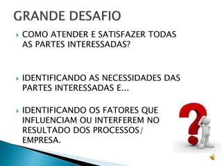  COMO ATENDER E SATISFAZER TODAS
AS PARTES INTERESSADAS?
 IDENTIFICANDO AS NECESSIDADES DAS
PARTES INTERESSADAS E...
 IDENTIFICANDO OS FATORES QUE
INFLUENCIAM OU INTERFEREM NO
RESULTADO DOS PROCESSOS/
EMPRESA.
 