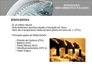 EFEITO ESTUFA É um efeito natural; Este fenômeno acontece desde a formação da Terra; Sem ele a temperatura média da terra giraria em torno de  (- 27ºC); Principais gases do Efeito Estufa: Dióxido de Carbono (CO 2 ) Metano (CH 4 ) Óxido Nitroso (N 2 O) Clorofluorcarbonetos (CFC’s) Vapor d’água INTRODUÇÃO: MEIO AMBIENTE E POLUIÇÃO 