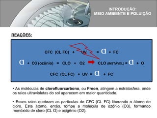 INTRODUÇÃO: MEIO AMBIENTE E POLUIÇÃO REAÇÕES: As moléculas de  clorofluorcarbono , ou  Freon , atingem a estratosfera, onde os raios ultravioletas do sol aparecem em maior quantidade.    Esses raios quebram as partículas de CFC (CL FC) liberando o átomo de cloro. Este átomo, então, rompe a molécula de ozônio (O3), formando monóxido de cloro (CL O) e oxigênio (O2). CFC  (CL FC)  +  UV  =  Cl   +  FC Cl   +  O3 (ozônio)  =  CLO  +  O2  CLO  (INSTÁVEL)  =  Cl   +  O CFC  (CL FC)  +  UV  =  Cl   +  FC 