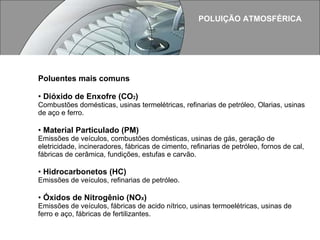 POLUIÇÃO ATMOSFÉRICA Poluentes mais comuns Dióxido de Enxofre (CO 2 )  Combustões domésticas, usinas termelétricas, refinarias de petróleo, Olarias, usinas de aço e ferro. Material Particulado (PM) Emissões de veículos, combustões domésticas, usinas de gás, geração de eletricidade, incineradores, fábricas de cimento, refinarias de petróleo, fornos de cal, fábricas de cerâmica, fundições, estufas e carvão. Hidrocarbonetos (HC) Emissões de veículos, refinarias de petróleo. Óxidos de Nitrogênio (NO X ) Emissões de veículos, fábricas de acido nítrico, usinas termoelétricas, usinas de ferro e aço, fábricas de fertilizantes. 