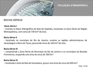 POLUIÇÃO ATMOSFÉRICA Bacia Aérea I  - inserida na Bacia Hidrográfica da Baía de Sepetiba, localizada na Zona Oeste da Região Metropolitana, com cerca de 730 km² de área.  Bacia Aérea II  - localizada no município do Rio de Janeiro, envolve as regiões administrativas de Jacarepaguá e Barra da Tijuca, possuindo cerca de 140 km² de área.  Bacia Aérea III  –  compreende a Zona Norte do Município do Rio de Janeiro e os municípios da Baixada Fluminense, ocupando uma área de cerca de 700 km².  Bacia Aérea IV  –  localizada a leste da Baía de Guanabara, possui uma área de cerca de 830 km². BACIAS AÉREAS Fonte:   FEEMA 