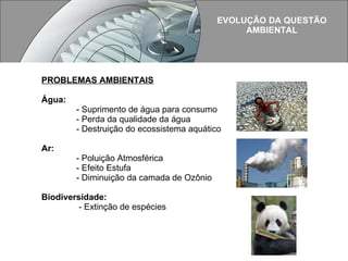 PROBLEMAS AMBIENTAIS Água:  - Suprimento de água para consumo - Perda da qualidade da água - Destruição do ecossistema aquático Ar: - Poluição Atmosférica - Efeito Estufa  - Diminuição da camada de Ozônio Biodiversidade:    - Extinção de espécies EVOLUÇÃO DA QUESTÃO AMBIENTAL  
