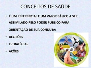CONCEITOS DE SAÚDE
• É UM REFERENCIAL E UM VALOR BÁSICO A SER
ASSIMILADO PELO PODER PÚBLICO PARA
ORIENTAÇÃO DE SUA CONDUTA:
• DECISÕES
• ESTRATÉGIAS
• AÇÕES
 