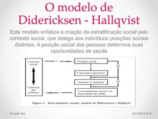 O modelo de
Didericksen - Hallqvist
Este modelo enfatiza a criação da estratificação social pelo
contexto social, que delega aos indivíduos posições sociais
distintas. A posição social das pessoas determina suas
oportunidades de saúde
03/11/2015Footer Text 16
 