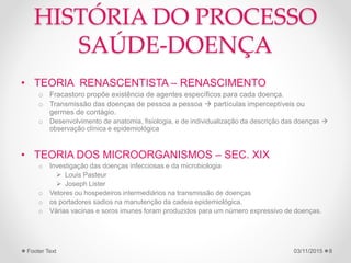 HISTÓRIA DO PROCESSO
SAÚDE-DOENÇA
• TEORIA RENASCENTISTA – RENASCIMENTO
o Fracastoro propõe existência de agentes específicos para cada doença.
o Transmissão das doenças de pessoa a pessoa  partículas imperceptíveis ou
germes de contágio.
o Desenvolvimento de anatomia, fisiologia, e de individualização da descrição das doenças 
observação clínica e epidemiológica
• TEORIA DOS MICROORGANISMOS – SEC. XIX
o Investigação das doenças infecciosas e da microbiologia
 Louis Pasteur
 Joseph Lister
o Vetores ou hospedeiros intermediários na transmissão de doenças
o os portadores sadios na manutenção da cadeia epidemiológica.
o Várias vacinas e soros imunes foram produzidos para um número expressivo de doenças.
03/11/2015Footer Text 8
 