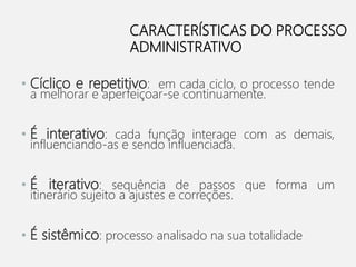 • Cíclico e repetitivo: em cada ciclo, o processo tende
a melhorar e aperfeiçoar-se continuamente.
• É interativo: cada função interage com as demais,
influenciando-as e sendo influenciada.
• É iterativo: sequência de passos que forma um
itinerário sujeito a ajustes e correções.
• É sistêmico: processo analisado na sua totalidade
CARACTERÍSTICAS DO PROCESSO
ADMINISTRATIVO
 