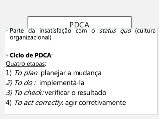 PDCA
• Parte da insatisfação com o status quo (cultura
organizacional)
• Ciclo de PDCA:
Quatro etapas:
1) To plan: planejar a mudança
2) To do : implementá-la
3) To check: verificar o resultado
4) To act correctly: agir corretivamente
 