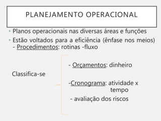 PLANEJAMENTO OPERACIONAL
• Planos operacionais nas diversas áreas e funções
• Estão voltados para a eficiência (ênfase nos meios)
- Procedimentos: rotinas -fluxo
- Orçamentos: dinheiro
Classifica-se
-Cronograma: atividade x
tempo
- avaliação dos riscos
 