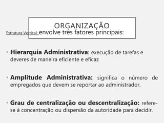 ORGANIZAÇÃO
Estrutura Vertical: envolve três fatores principais:
• Hierarquia Administrativa: execução de tarefas e
deveres de maneira eficiente e eficaz
• Amplitude Administrativa: significa o número de
empregados que devem se reportar ao administrador.
• Grau de centralização ou descentralização: refere-
se à concentração ou dispersão da autoridade para decidir.
 