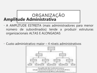 ORGANIZAÇÃO
Amplitude Administrativa
• A AMPLITUDE ESTREITA (mais administradores para menor
número de subordinados) tende a produzir estruturas
organizacionais ALTAS E ALONGADAS
• Custo administrativo maior – 4 níveis administrativos
 