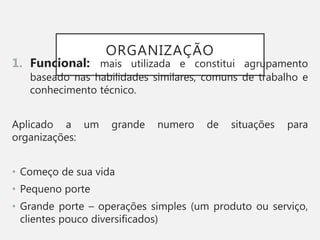 ORGANIZAÇÃO
1. Funcional: mais utilizada e constitui agrupamento
baseado nas habilidades similares, comuns de trabalho e
conhecimento técnico.
Aplicado a um grande numero de situações para
organizações:
• Começo de sua vida
• Pequeno porte
• Grande porte – operações simples (um produto ou serviço,
clientes pouco diversificados)
 
