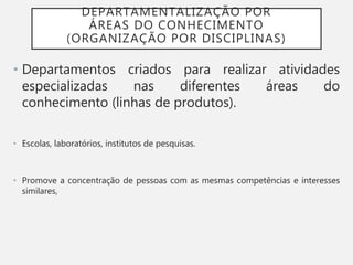 DEPARTAMENTALIZAÇÃO POR
ÁREAS DO CONHECIMENTO
(ORGANIZAÇÃO POR DISCIPLINAS)
• Departamentos criados para realizar atividades
especializadas nas diferentes áreas do
conhecimento (linhas de produtos).
• Escolas, laboratórios, institutos de pesquisas.
• Promove a concentração de pessoas com as mesmas competências e interesses
similares,
 