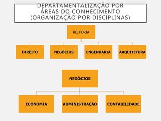 DEPARTAMENTALIZAÇÃO POR
ÁREAS DO CONHECIMENTO
(ORGANIZAÇÃO POR DISCIPLINAS)
REITORIA
DIREITO NEGÓCIOS ENGENHARIA ARQUITETURA
NEGÓCIOS
ECONOMIA ADMINISTRAÇÃO CONTABILIDADE
 
