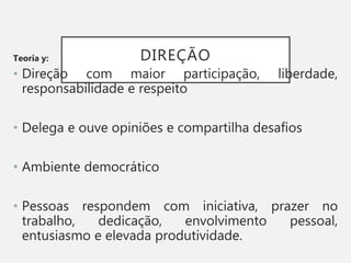 DIREÇÃO
Teoria y:
• Direção com maior participação, liberdade,
responsabilidade e respeito
• Delega e ouve opiniões e compartilha desafios
• Ambiente democrático
• Pessoas respondem com iniciativa, prazer no
trabalho, dedicação, envolvimento pessoal,
entusiasmo e elevada produtividade.
 