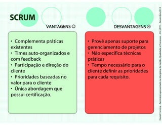 Daniel Ferreira – Seminário apresentado na disciplina de Gestão, Qualidade e Processos – CIn UFPE – Novembro/2012
SCRUM
                VANTAGENS ☺               DESVANTAGENS


• Complementa práticas        • Provê apenas suporte para
existentes                    gerenciamento de projetos
• Times auto-organizados e    • Não especifica técnicas
com feedback                  práticas
• Participação e direção do   • Tempo necessário para o
cliente                       cliente definir as prioridades
• Prioridades baseadas no     para cada requisito.
valor para o cliente
• Única abordagem que
possui certificação.
 