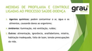 MEDIDAS DE PROFILAXIA E CONTROLE
LIGADAS AO PROCESSO SAÚDE-DOENÇA
3. Agentes químicos: podem contaminar o ar, água e os
alimentos, causando danos ao organismo;
4. Ambiente: iluminação, má ventilação, ruídos;
5. Outros: alimentação, ignorância, analfabetismo, miséria,
habitação inadequada, falta de lazer, tensão preocupações
da vida.
 