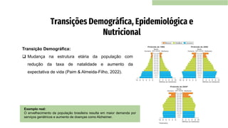 Transição Demográfica:
❑ Mudança na estrutura etária da população com
redução da taxa de natalidade e aumento da
expectativa de vida (Paim & Almeida-Filho, 2022).
Transições Demográfica, Epidemiológica e
Nutricional
Exemplo real:
O envelhecimento da população brasileira resulta em maior demanda por
serviços geriátricos e aumento de doenças como Alzheimer.
 