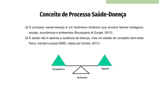 ❑ O processo saúde-doença é um fenômeno dinâmico que envolve fatores biológicos,
sociais, econômicos e ambientais (Rouquayrol & Gurgel, 2017).
❑ A saúde não é apenas a ausência de doença, mas um estado de completo bem-estar
físico, mental e social (OMS, citado por Gordis, 2017).
Conceito de Processo Saúde-Doença
 