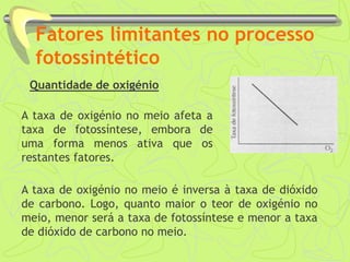 Fatores limitantes no processo
fotossintético
Quantidade de oxigénio
A taxa de oxigénio no meio afeta a
taxa de fotossíntese, embora de
uma forma menos ativa que os
restantes fatores.
A taxa de oxigénio no meio é inversa à taxa de dióxido
de carbono. Logo, quanto maior o teor de oxigénio no
meio, menor será a taxa de fotossíntese e menor a taxa
de dióxido de carbono no meio.
 