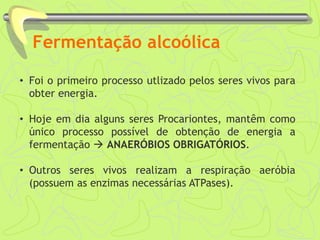 Fermentação alcoólica
• Foi o primeiro processo utlizado pelos seres vivos para
obter energia.
• Hoje em dia alguns seres Procariontes, mantêm como
único processo possível de obtenção de energia a
fermentação  ANAERÓBIOS OBRIGATÓRIOS.
• Outros seres vivos realizam a respiração aeróbia
(possuem as enzimas necessárias ATPases).
 