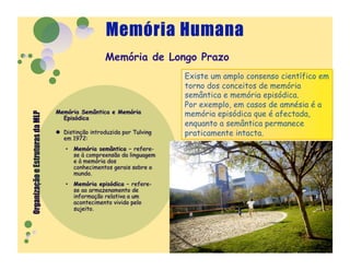 Memória de Longo Prazo
              Existe um amplo consenso científico em
              torno dos conceitos de memória
              semântica e memória episódica.
              Por exemplo, em casos de amnésia é a
              memória episódica que é afectada,
              enquanto a semântica permanece
              praticamente intacta.
 